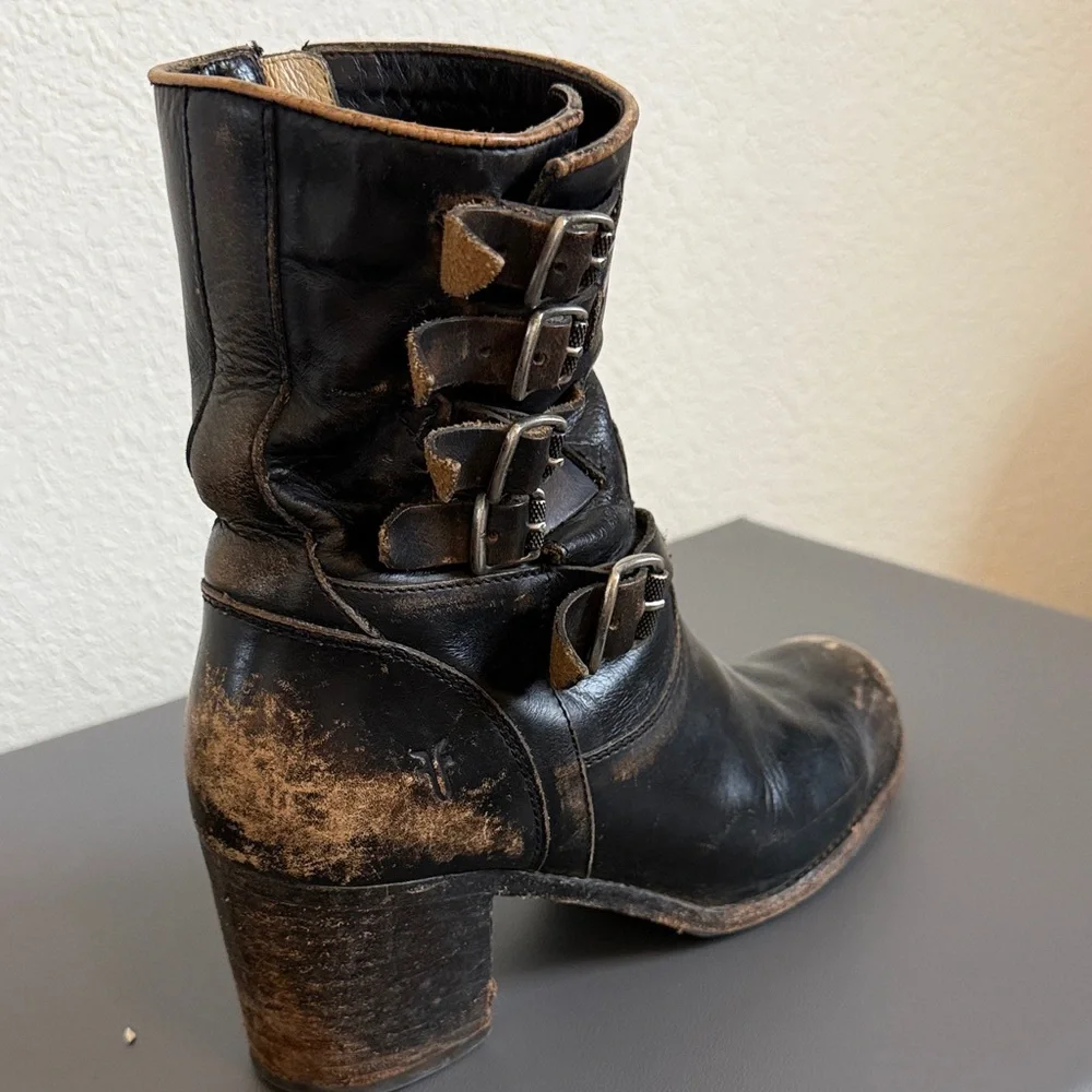 Frye Distressed Black Leather Mid Calf Boots with Buckle Detail - Picture 8 of 16